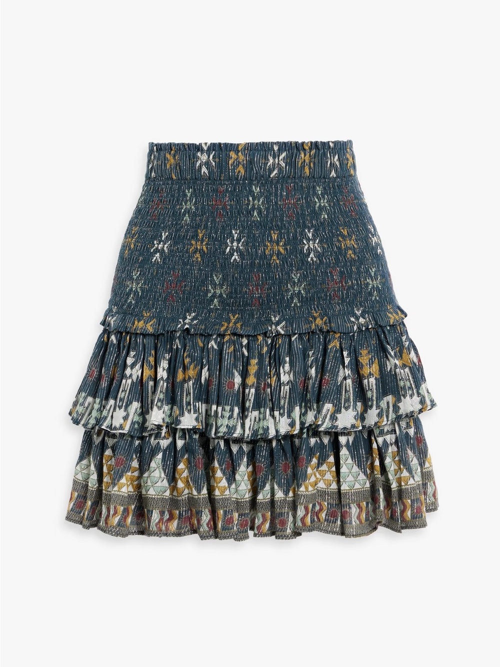 Smocked Tiered Mini Skirt in Teal Floral-Print